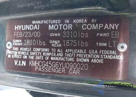 2000 Hyundai Accent Gl из США, поврежденный, VIN KMHCG45G6YU090020